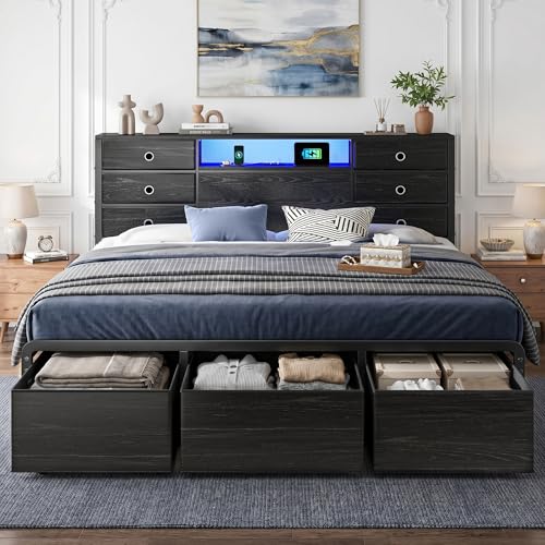 King Size Bed Frame with 9 Drawers and Charging Station,Black, view 2
