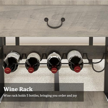 Dining Table Set for 4, Kitchen Dining Table Set with Upholstered Benches, Kitchen Dining Room Table with Storage Drawers & Wine Rack for Small Space, Light Grey