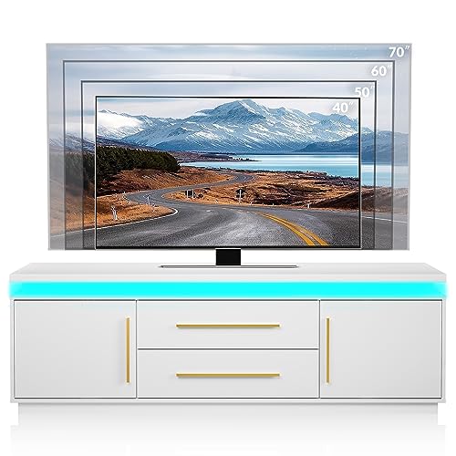 67" TV Stand for TV up to 75", Modern Entertainment Center with LED Lights Change to Melody of Music, Media Console Table with Cabinets and Drawers for Living Room, Bedroom - Studio (White)