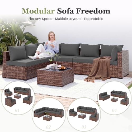 7 Piece Patio Furniture Set, Outdoor Sectional, Grey | Modular Wicker Outdoor Furniture, Coffee Table Included, for Porch, Garden, Backyard