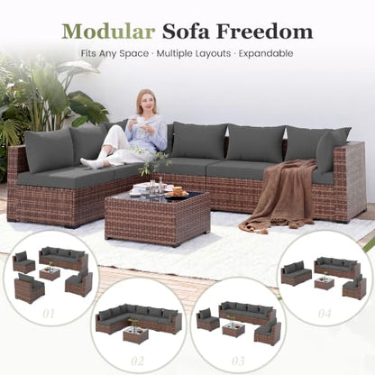 7 Piece Patio Furniture Set, Outdoor Sectional, Grey | Modular Wicker Outdoor Furniture, Coffee Table Included, for Porch, Garden, Backyard