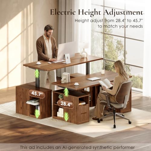 Fluted 55 Inch Electric Standing Desk with 2 Storage Cabinet, Walnut, view 6