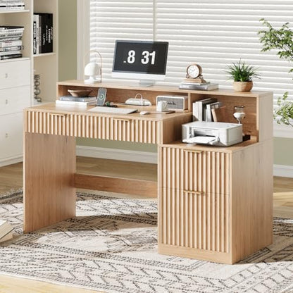 Fluted Computer Desk with Power Outlets, Home Office Desk with Drawers, view 4