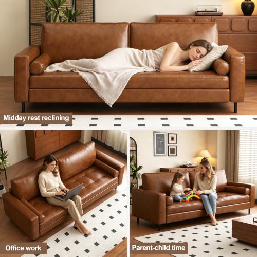 80.31" Mid-Century Modern Faux Leather 3-Seater Sofa Couch, with Sturdy Metal Legs & Solid Wood Frame, for Living Room & Apartment, Brown