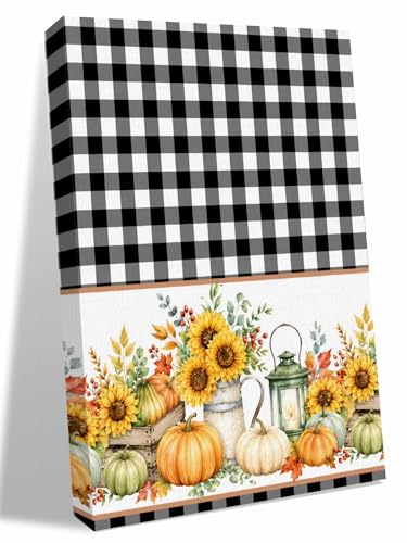 NuYeBiofx Thanksgiving Pumpkin Sunflower Canvas Wall Art Prints,30"x20" Framed Picture Artwork Fall Leaves Buffalo Plaid Printed Canvas Oil Painting for Living Room Bedroom Office,Ready to Hang
