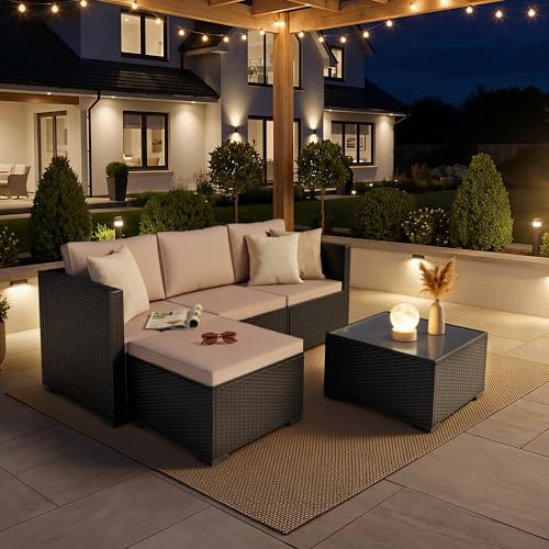 Patio Furniture Set - All-Weather -5 Piece Outdoor Patio Conversation Couch Sets, Modular Wicker Rattan Sectional Sofa for Garden, Patio, Poolside, Backyard, Balcony, Porch,Khaki