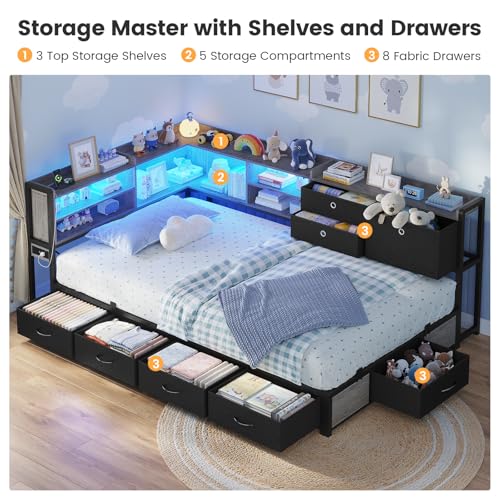 Corner Bed Frame with Charging Station & Led Lights, Twin Bed Frame with 8 Storage Drawers & Bookcase, Twin Daybed with Storage Headboard for Kids Guests, Black & Gray