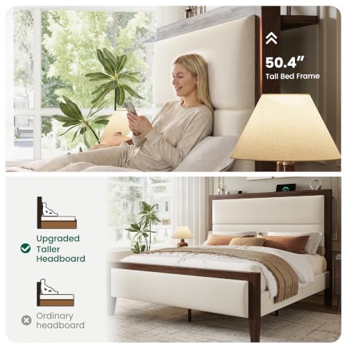 Queen Wood Bed Frame with Upholstered Charging Station Headboard, view 4