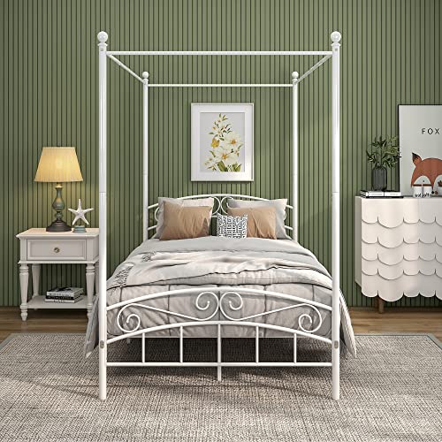 Metal Canopy Bed Frame Four-Poster, Full, White, view 4