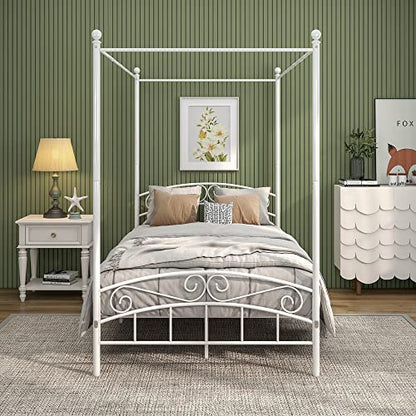 Metal Canopy Bed Frame Four-Poster, Full, White, view 4