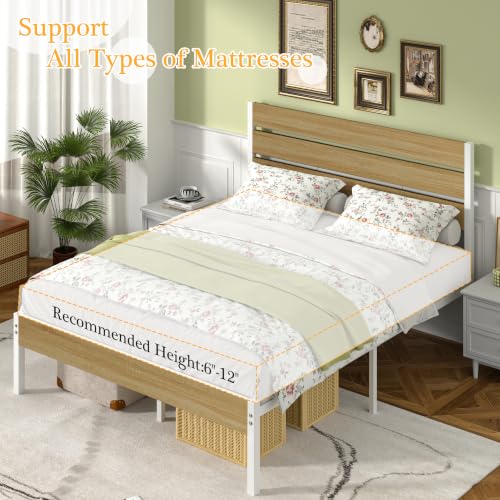 Full Size Metal Bed Frame with Natural Wood Headboard, view 5
