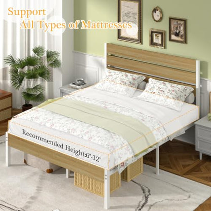 Full Size Metal Bed Frame with Natural Wood Headboard, view 5