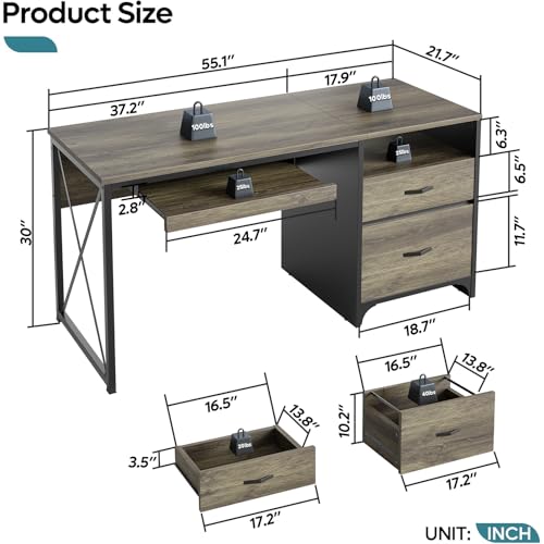 Office Desk with Drawers, 55 inch Industrial Computer Desk with Storage, Wood Teacher Desk with Keyboard Tray & File Drawer for Home Office, Dark Gray Oak