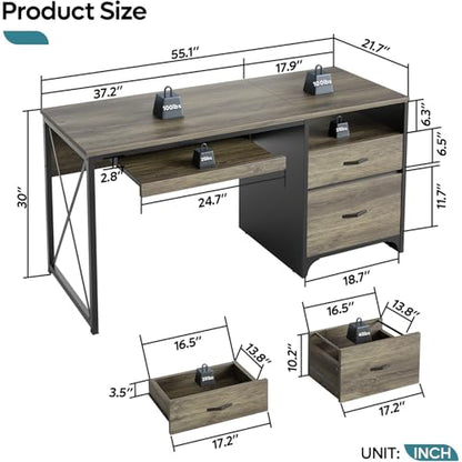 Office Desk with Drawers, 55 inch Industrial Computer Desk with Storage, Wood Teacher Desk with Keyboard Tray & File Drawer for Home Office, Dark Gray Oak
