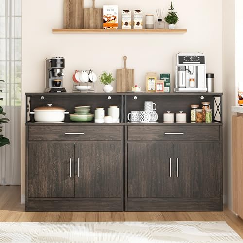 Kitchen Storage Cabinet with Adjustable Shelves and Drawers, Modern Buffet Sideboard, Wood Buffet Cabinet with Doors, Floor Cabinet Cupboard for Coffee Bar Living Room, Dark Brown