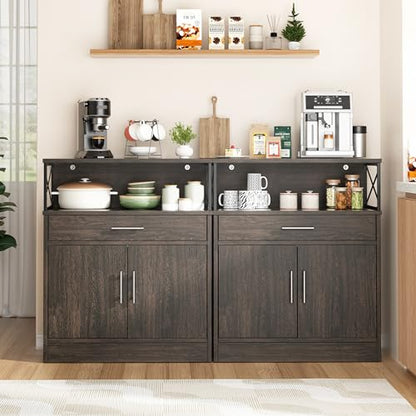 Kitchen Storage Cabinet with Adjustable Shelves and Drawers, Modern Buffet Sideboard, Wood Buffet Cabinet with Doors, Floor Cabinet Cupboard for Coffee Bar Living Room, Dark Brown