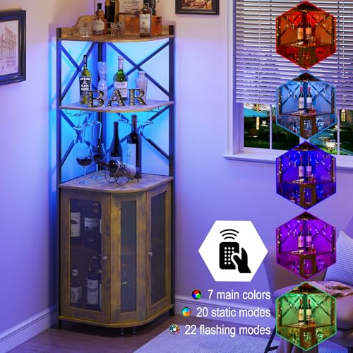 Corner Bar Cabinet with LED Lights, 5-Tier Industrial Wine Bar Cabinet with Glass Holder, Farmhouse Liquor Cabinets with Shelf and Door, Home Bar for Coffee Bars, Rustic Brown