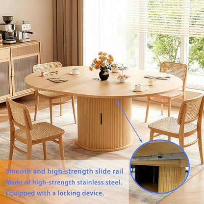 Extendable Round Dining Table for 2-4-6, 59 Inch Dining Room Kitchen Table with 2-Tier Storage Shelf, Modern Farmhouse Fluted Wood Slide Door Dinner Furniture,Oval Circle,Oak