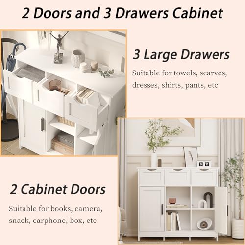 Sideboard Floor Storage Cabinet - Wooden Storage Organizer with 2 Doors and 3 Drawers, Free Standing Accent Buffet Cabinet with Adjustable Shelves for Living Room, Kitchen,Bathroom (White)