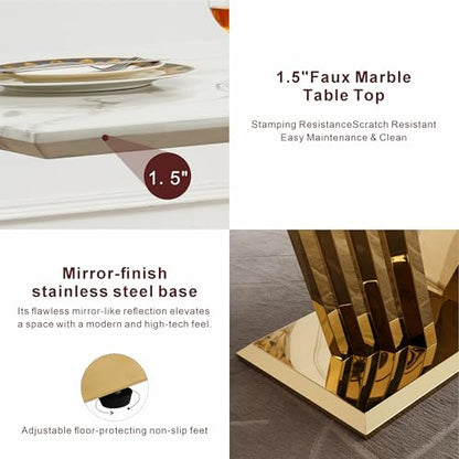 Marble Dining Table for 6 People, 70'' Rectangle Faux Marble Dining Table with Mirrored Stainless Steel Base, Large Size Marble Kitchen Table (Gold,White)(only Table)