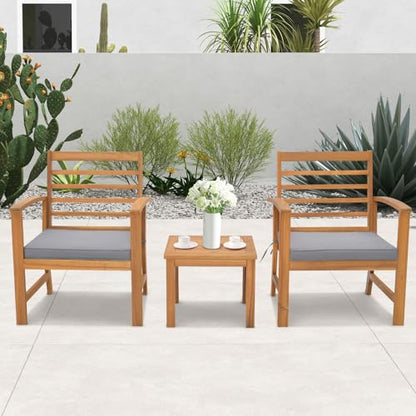 3 Pieces Outdoor Furniture Set, Acacia Wood Conversation Set with Soft Seat Cushions, Stable Acacia Wood Frame, Patio Sofa & Coffee Table Set for Backyard, Porch, Poolside (Grey)