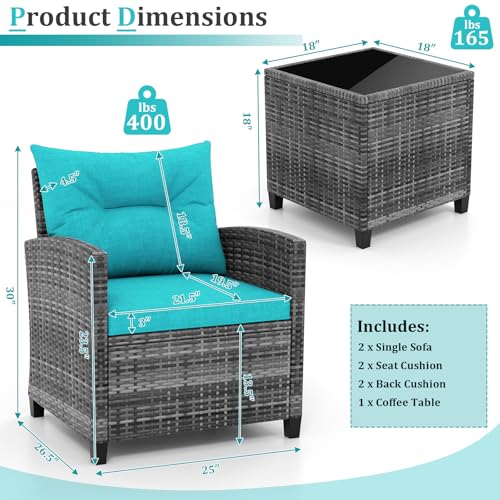 3 Piece Patio Furniture Set, Outdoor PE Rattan Conversation Set with Washable Cushions & Tempered Glass Tabletop, Wicker Chairs and Table Set for Porch, Garden, Balcony (Turquoise)