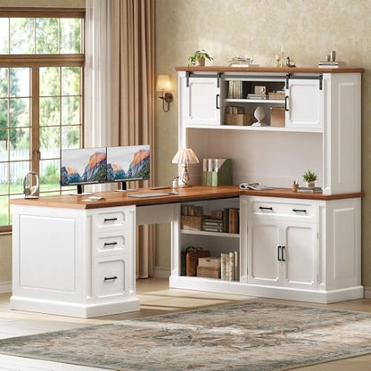 67" Farmhouse Executive L Shaped Desk with Hutch & Storage, view 2
