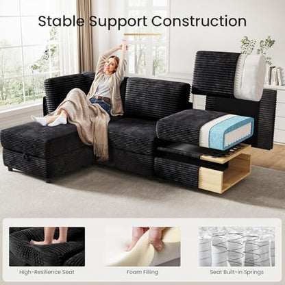 Modular Sectional Sofa U-Shaped 6 Seater Couch with Storage Ottoman, Convertible L-Shaped Plush Wide-Wale Corduroy Couch for Living Room, Apartment, Modern Design, Black