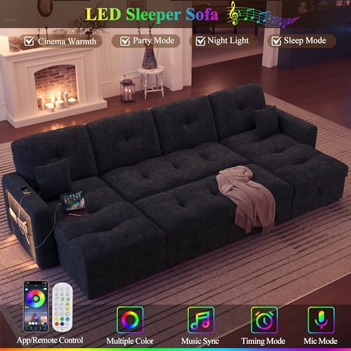 107'' LED Sectional Sleeper Sofa with Pull Out Couch Bed, U Shaped Couch with Storage Chaise, Adjustable Backrest & USB & 2 Pillows, Modern Chenille Home Sofa Living Room Furniture Set, Black