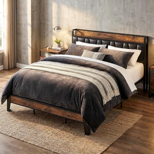 King Size Bed Frame with Storage Headboard and Charging Station, view 2