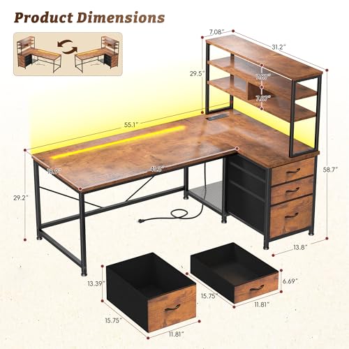Office Desk with 3 Fabric Drawers & Shelf, Reversible L Shaped Desk Computer Desk with Remote LED Lights, Power Outlet for Home Office Desk, Corner Desk for Bedroom, Brown