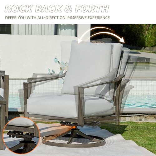 Patio Furniture Set,4 Piece Outdoor Conversation Metal Swivel Rocking Chairs Set with Hand-Woven Rope High Back,Sturdy Hand Brushed Wood Grain Finish Frame,6" Cushions for Yard