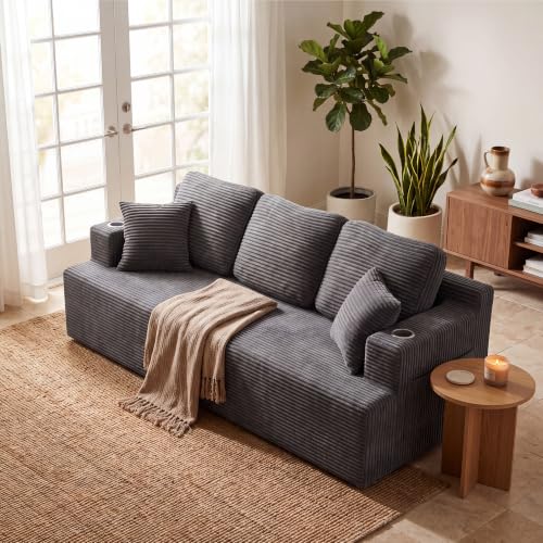 87” Boneless Sofa Couch with 2 Pillows Extra Deep Seats, Corduroy Fabric 3 Seater Sofa for Living Room with Cup Holder & Storage Pocket Upholstered Floor Sofa Easy Installation (Grey, 3 Seater)