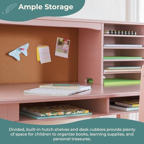 Guidecraft Children’s Media Desk and Chair Set – Pink: Student's Study Computer Workstation with Hutch and Shelves, Wooden Kids Bedroom Furniture