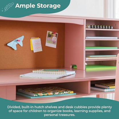 Guidecraft Children’s Media Desk and Chair Set – Pink: Student's Study Computer Workstation with Hutch and Shelves, Wooden Kids Bedroom Furniture