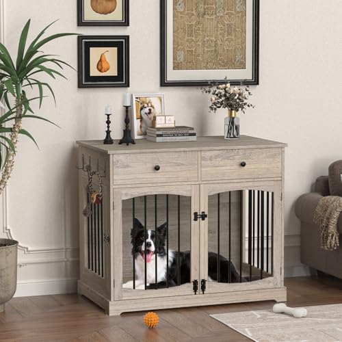 40" Dog Crate Furniture, Farmhouse Wooden Pet Kennel w/Drawer, view 3