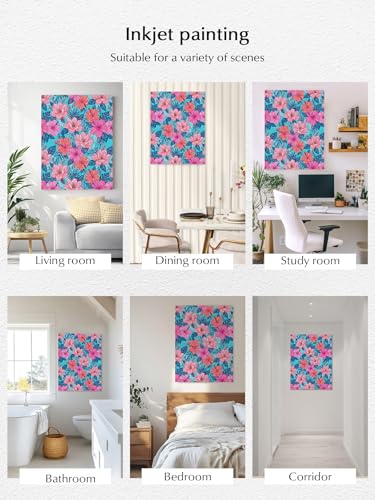 NuYeBiofx Exotic Pink Red Floral Blue Leaves Canvas Wall Art Prints,40"x28" Framed Picture Artwork Boho Tropical Plants Printed Canvas Oil Painting for Living Room Bedroom Office,Ready to Hang