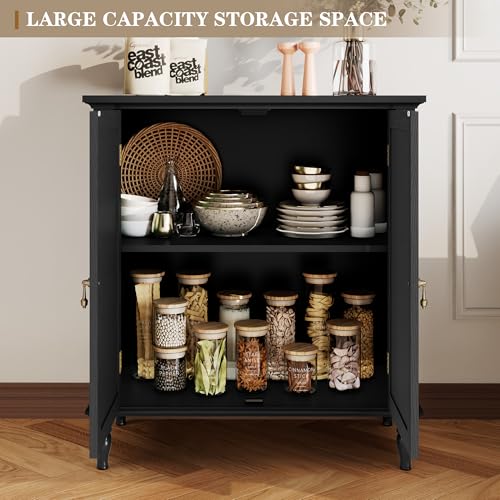 Sideboard Buffet Cabinet with Storage, Retro Wood Accent Cabinet with 2 Doors, Credenza with Adjustable Shelves for Living Room, Hallway, Entryway, Black