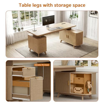 63" L Shaped Executive Desk with Drawers & Sliding Doors Fluted, view 5