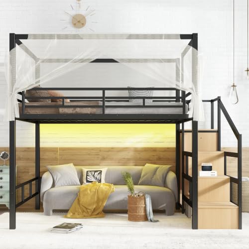 Metal Loft Bed Queen with Storage Stairs and Wardrobe, Black, view 4