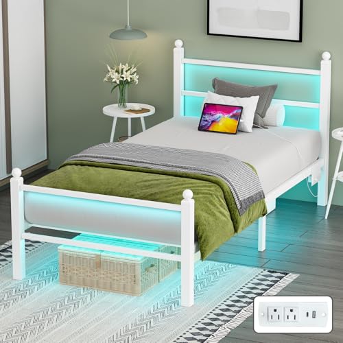 White Metal Bed Frame with RGB Lights and USB, Underbed Storage, view 2