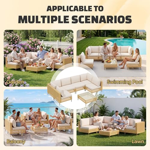 7-Piece Wicker Outdoor Patio Furniture Set, Modular Rattan Outdoor Furniture, Patio Conversation Sets, Handmade Rattan, Water Resistant Fluffy Cushions and Coffee Table, Beige