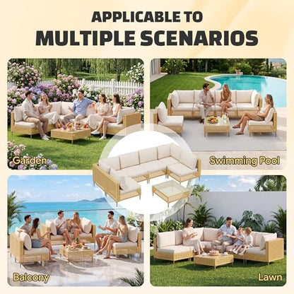 7-Piece Wicker Outdoor Patio Furniture Set, Modular Rattan Outdoor Furniture, Patio Conversation Sets, Handmade Rattan, Water Resistant Fluffy Cushions and Coffee Table, Beige
