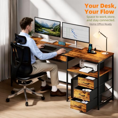 60" Computer Desk with 5 Drawers and Power Outlets, Rustic Brown, view 4