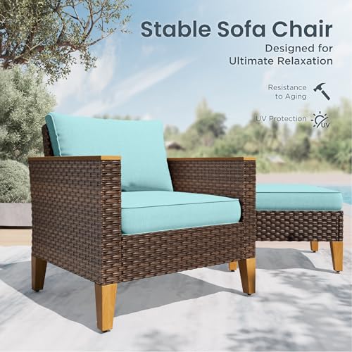 7-Piece Wicker Patio Conversation Set, Outdoor Rattan Sectional Pool Furniture Patio Set for 7 Seats with Cushioned 2 x Single Sofa, 2 x Armrest Chair, 2 x Ottoman and 1 x Armless Sofa, Blue