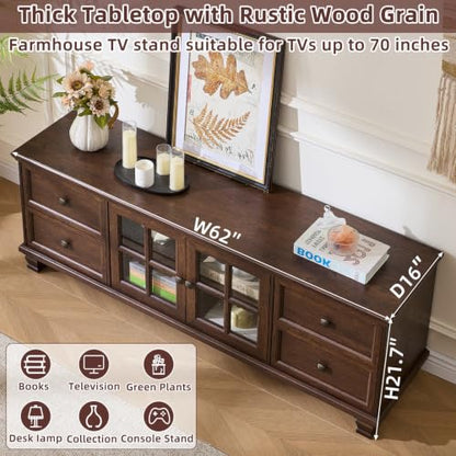 Farmhouse Entertainment Center with Bookshelves Set of 3, Walnut, view 7