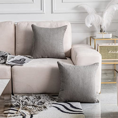 Decorative Throw Pillow Covers 18x18 Inch for Living Room Couch Bed Sofa, Soft Striped Corduroy Square Pillow Covers, Set of 2, 18 x 18, Ash Grey