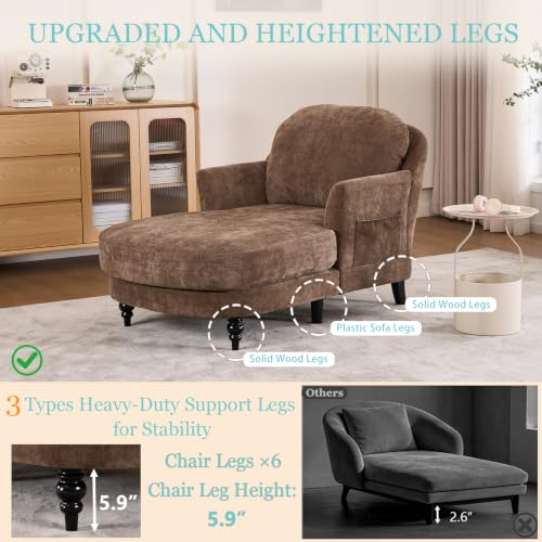 59.8” Chaise Lounge Chair Indoor, Oversized Reading Armchair, Brown, view 7
