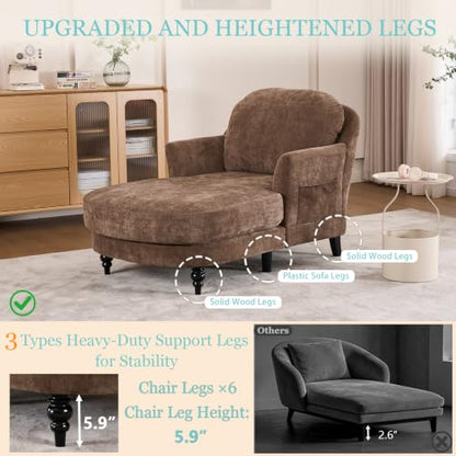 59.8” Chaise Lounge Chair Indoor, Oversized Reading Armchair, Brown, view 7