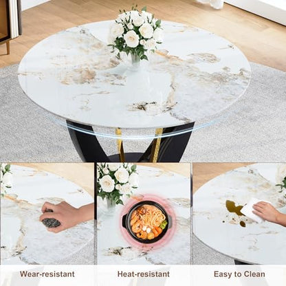 Round Faux Marble Dining Table Set for 4, Modern 42" Temepred Glass Tabletop with Black Glossy Pedestal, 5 Piece Circle Kitchen Table Set with 4 Upholstered Chairs